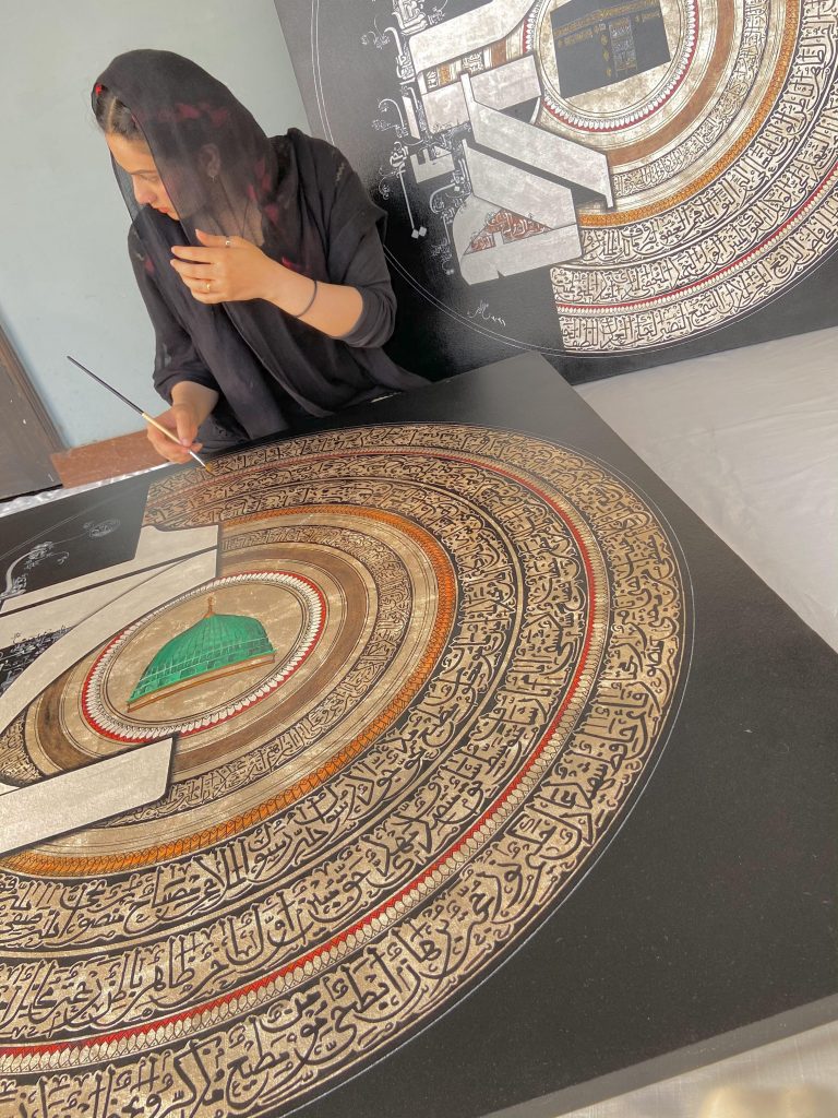Ayesha Kamal artist painting on canvas modern Islamic calligraphy